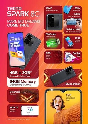 Tecno Spark 8C (Magnet Black, 4GB RAM, 64GB Storage) | 13MP AI-Enhanced Dual Camera | HD+ 6.6" Dot Notch Screen | Upto 7GB Memory fusion | 5000mAh Long-lasting Battery | 8MP Portrait Camera Beauty 3.0 - Triveni World