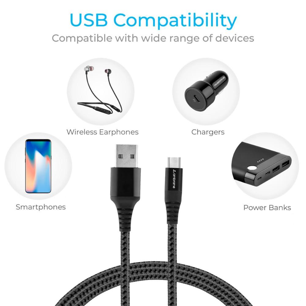 Ambrane Type C Cable 3A Fast Charging 1M Braided Cable for Smartphones, Tablets, Laptops & other Type C devices, 480Mbps Data Sync, Quick Charge 3.0 (RCT 10, Black)