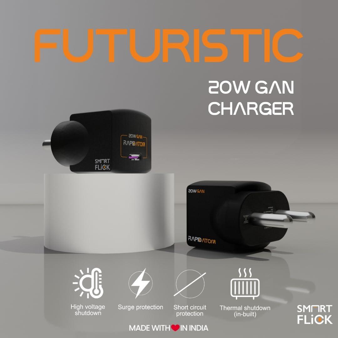 Smart Flick Rapid Atom India's Smallest 20W GaN Wall Charger with Type C PD & PPS Support, Fast Charging Output Port, Compatible with iPhone 15/14/13/12/Pro/Max Series, Type C Enabled Devices (Black)