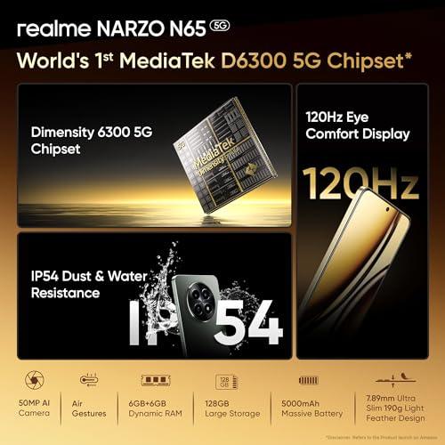 realme NARZO N65 5G (Amber Gold 6GB RAM, 128GB Storage) India's 1st D6300 5G Chipset | Ultra Slim Design | 120Hz Eye Comfort Display | 50MP AI Camera| Charger in The Box