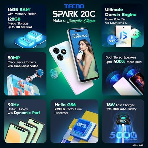 TECNO Spark 20C | Mystery White, (16GB*+128GB) | 50MP Main Camera + 8MP Selfie| 90Hz Dot-in Display with Dynamic Port & Dual Speakers with DTS | 5000mAh Battery |18W Type-C | Helio G36 Processor - Triveni World