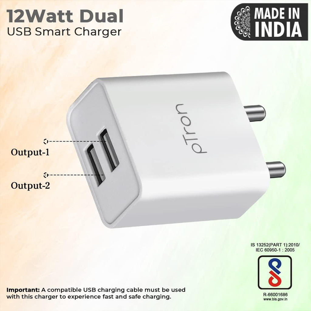 pTron Volta Dual Port 12W Smart USB Charger Adapter, Multi-Layer Protection, Made in India, BIS Certified, Fast Charging Power Adaptor without Cable for All iOS & Android Devices (White)