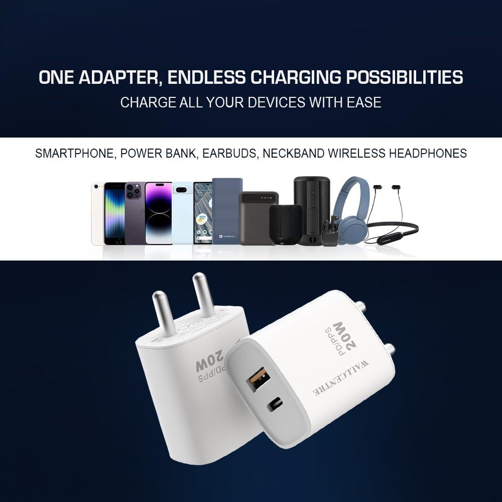 WALLCENTRE 20W USB Dual Port Fast Charger Adapter | 2-in-1 PD/QC Power Delivery Charger | Type-A & Type-C Compatible with Android & iOS Devices | Lightweight & Portable Design | White