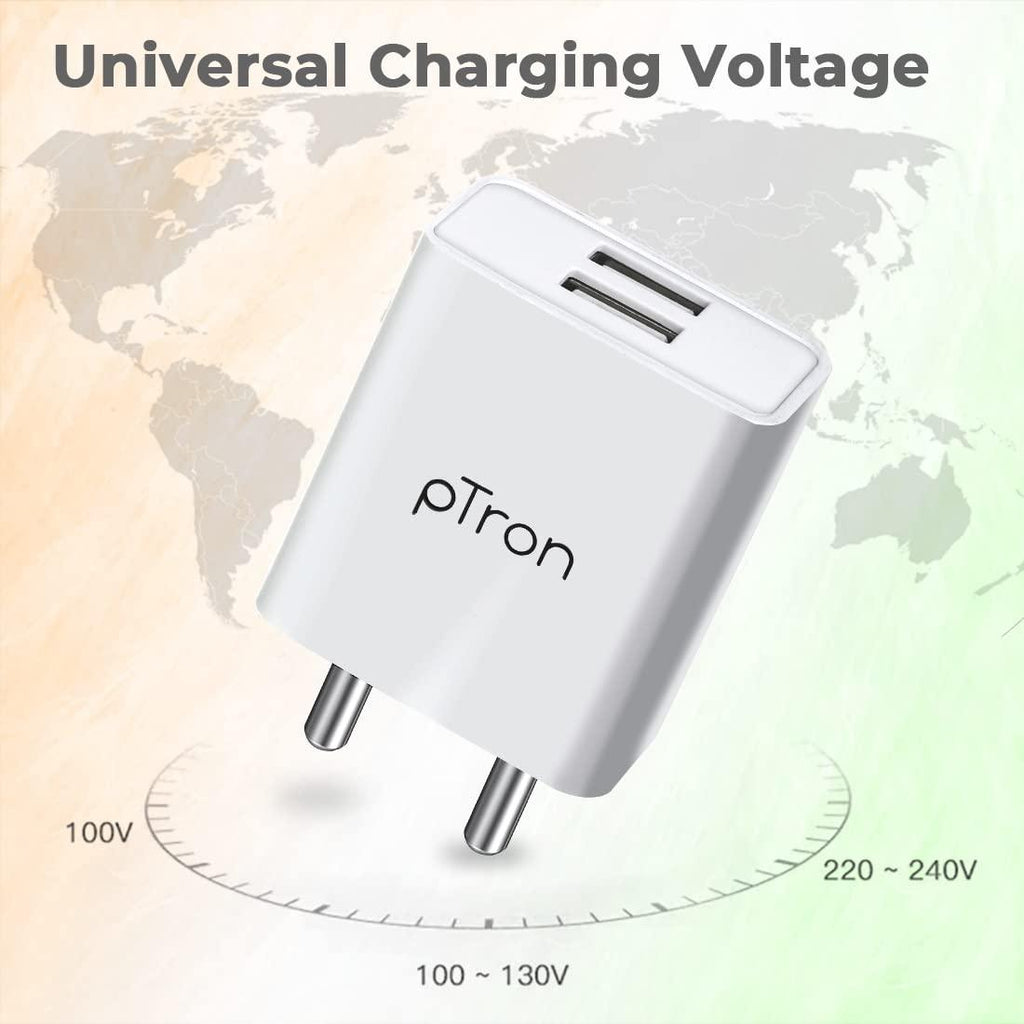 pTron Volta Dual Port 12W Smart USB Charger Adapter, Multi-Layer Protection, Made in India, BIS Certified, Fast Charging Power Adaptor without Cable for All iOS & Android Devices (White)