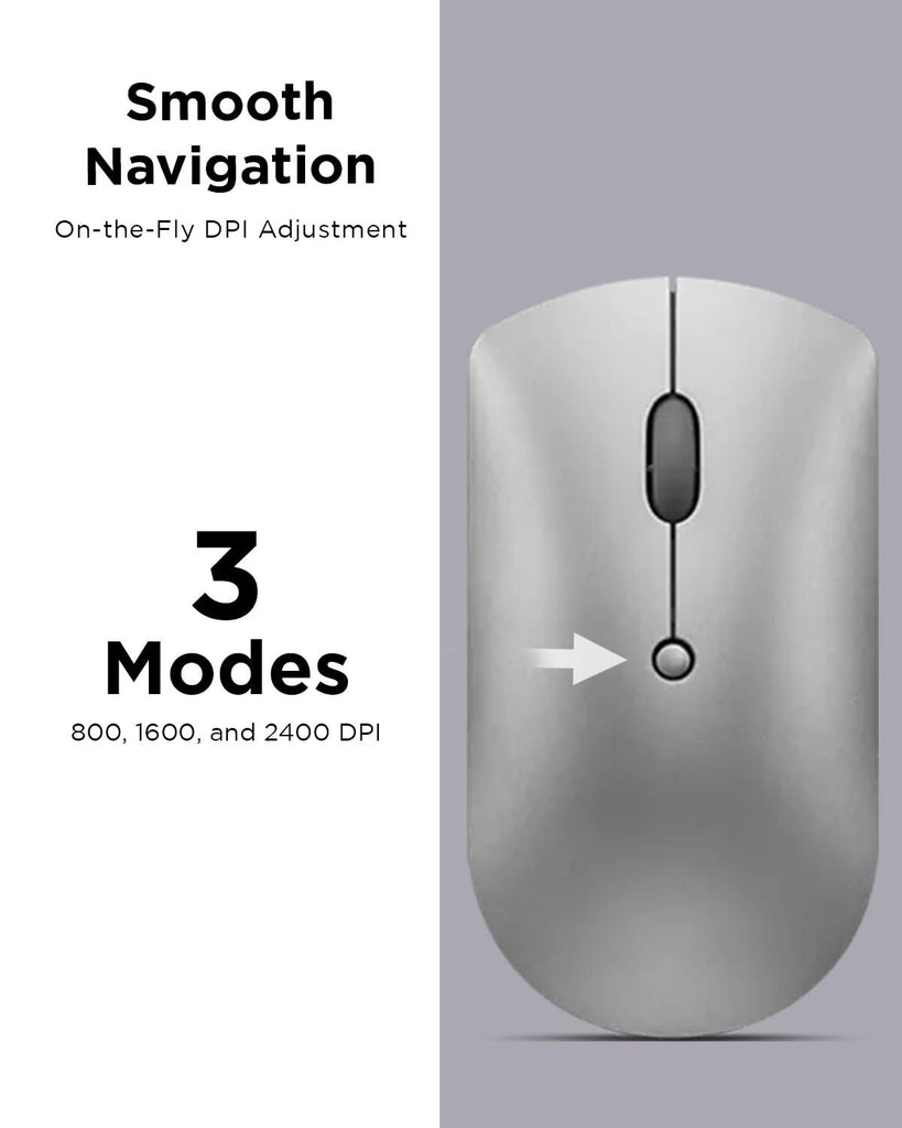 Lenovo 600 Bluetooth 5.0 Silent Mouse: Compact, Portable, Dongle-Free Multi-Device connectivity with Microsoft Swift Pair | 3-Level Adjustable DPI up to 2400 | Battery Life: up to 1 yr