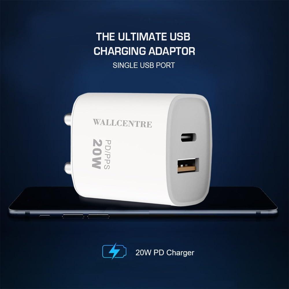 WALLCENTRE 20W USB Dual Port Fast Charger Adapter | 2-in-1 PD/QC Power Delivery Charger | Type-A & Type-C Compatible with Android & iOS Devices | Lightweight & Portable Design | White