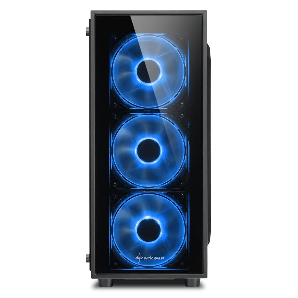 Sharkoon TG4 Mid Tower PC Computer Case I Support Mini-ITX, Micro-ATX, ATX Motherboard I Side Panel Tempered Glass with 4 x 120 mm Blue LED Fan (pre-Installed) - Black