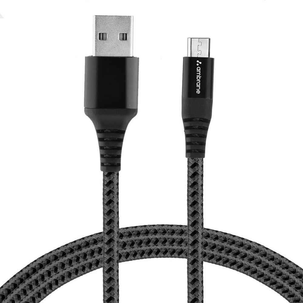 Ambrane Micro USB Cable 3A Fast Charging 1M Braided Cable for Smartphones, Tablets, Laptops & other Micro USB devices, 480Mbps Data Sync, Quick Charge 3.0 (RCM 10, Black)