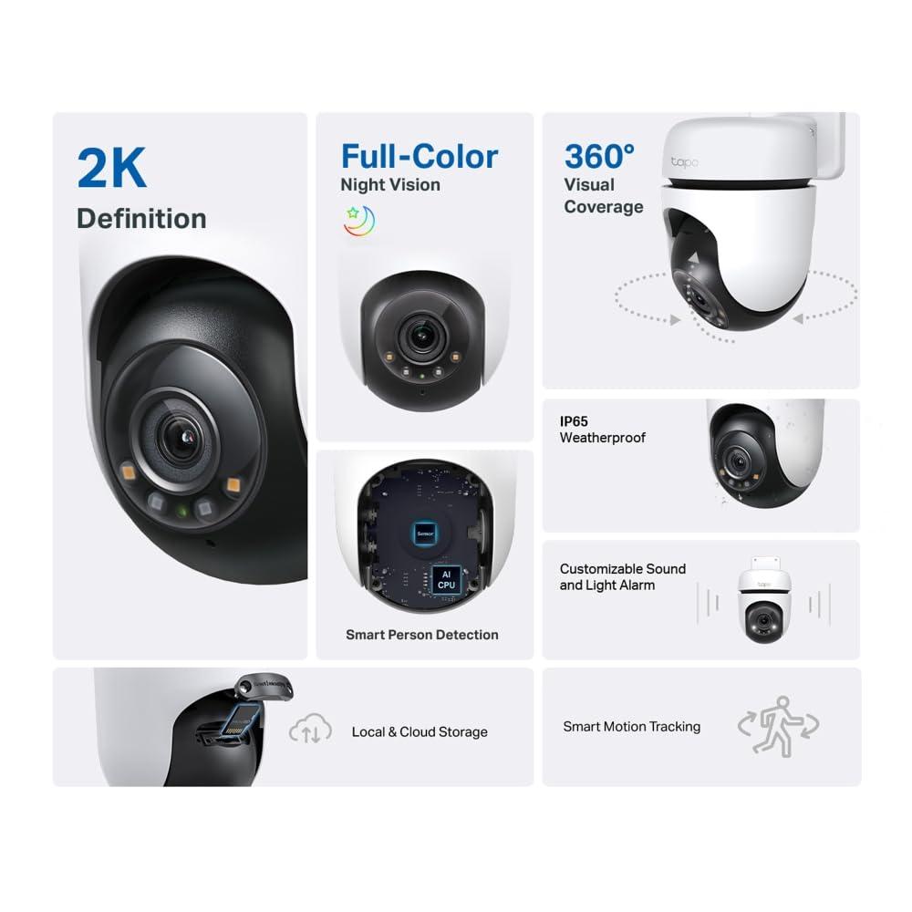 Tapo TP-Link 2K 3MP 1296P Outdoor Pan/Tilt Security Wi-Fi Camera, IP65 Weatherproof, Motion Detection, 360 C510W