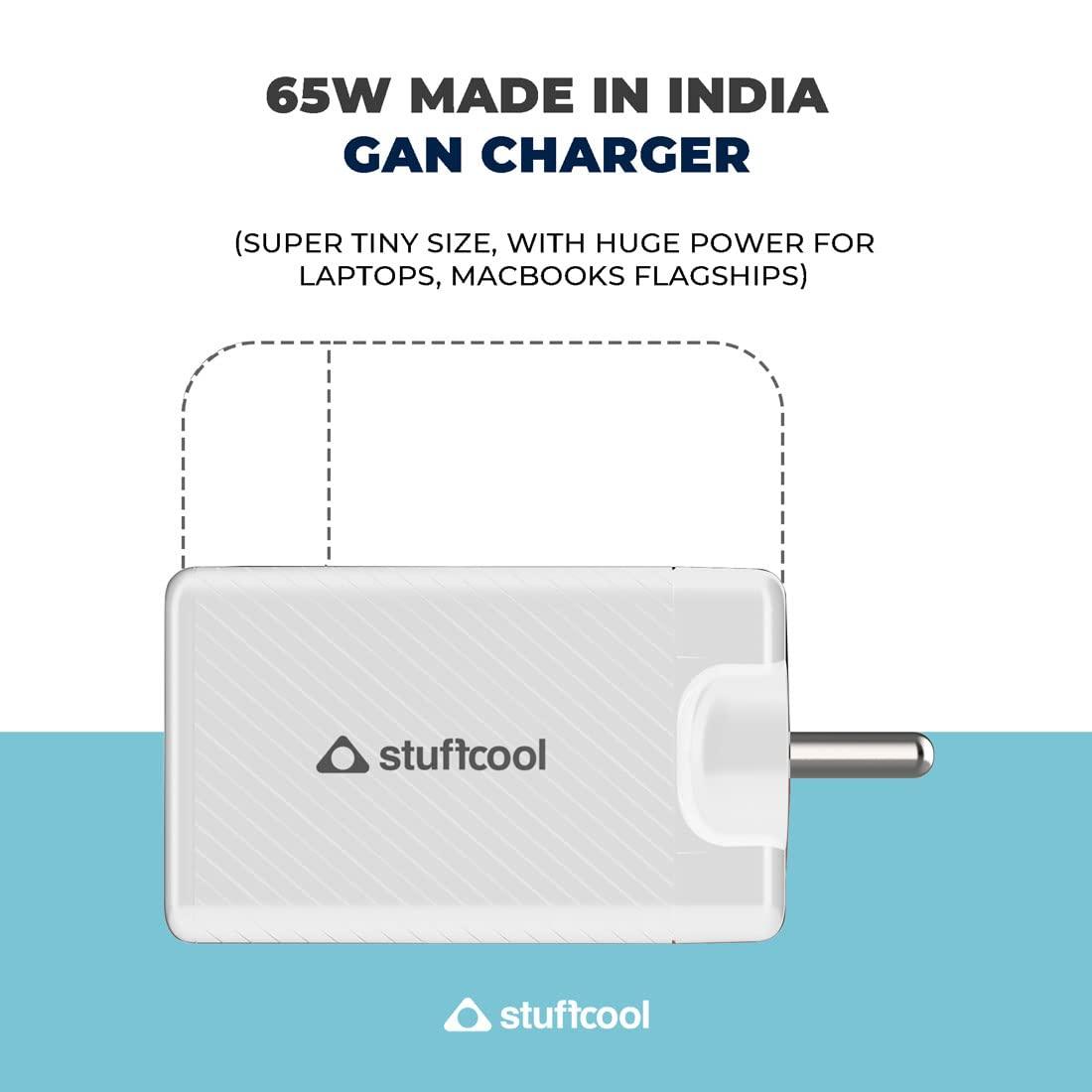 Stuffcool Nova 65W GaN Charger Made in India 3 Ports Supports Samsung PPS Super Fast Charging 2.0, Compatible with macbooks laptops iPhones iPads, samsungs, Pixels