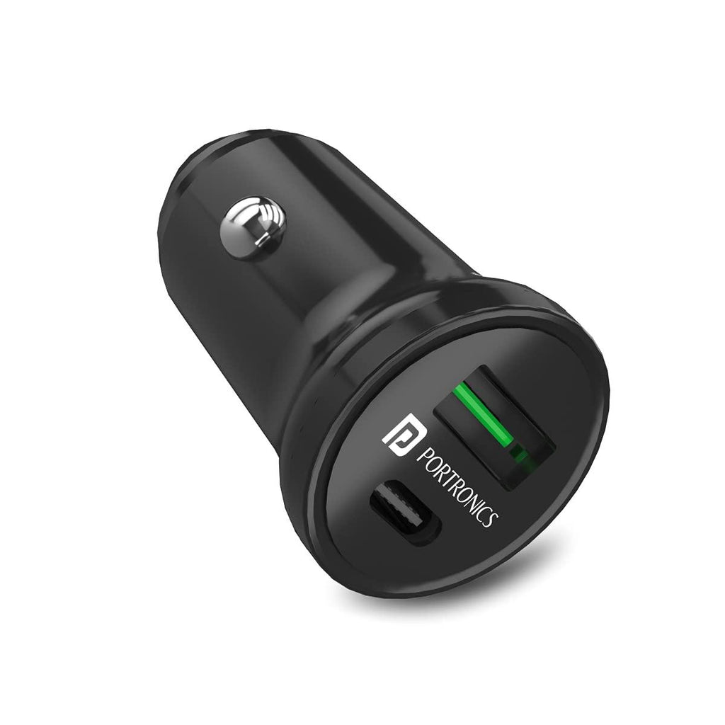 Portronics Car Power Mini Car Charger with Dual Output, Fast Charging (Type C PD 18W + Mach USB-A) Compatible with All Smartphones(Black)