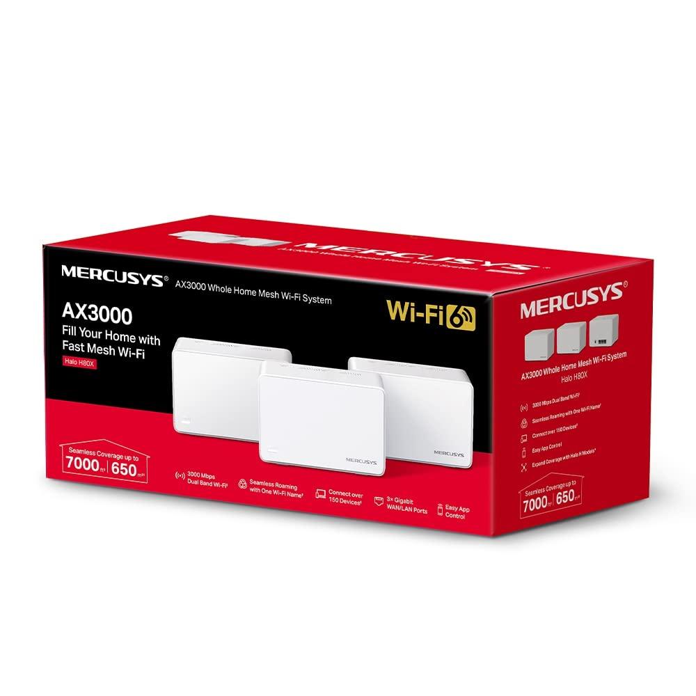 MERCUSYS Halo H80X Ax3000 Whole Home Mesh Wi-Fi 6 System|3000 Mbps Dual Band Wireless Gigabit Router|Seamless Roaming|Coverage Upto 7,000 Ft² (650 M²)|Pack of 3,White