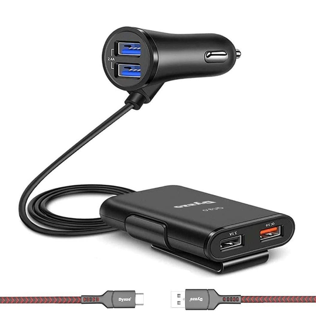 Dyazo QC 12V Fast Car Charger Back Seat Charging 4 USB Ports Compatible for Qualcomm 3.0, Samsung Galaxy, Note, iPhone, Nexus, Vivo, Oppo,Pixel, Mi & Other Mobile Phones with Free Type C Cable - Black