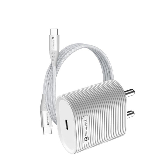 Portronics Adapto 33G 33W GaN Type C PD Port Fast Wall Charger comes with 60W Nylon Braided Type C to Type C fast charging cable, Compatible with iPhone 8 and above, iPad, Tablet(White)