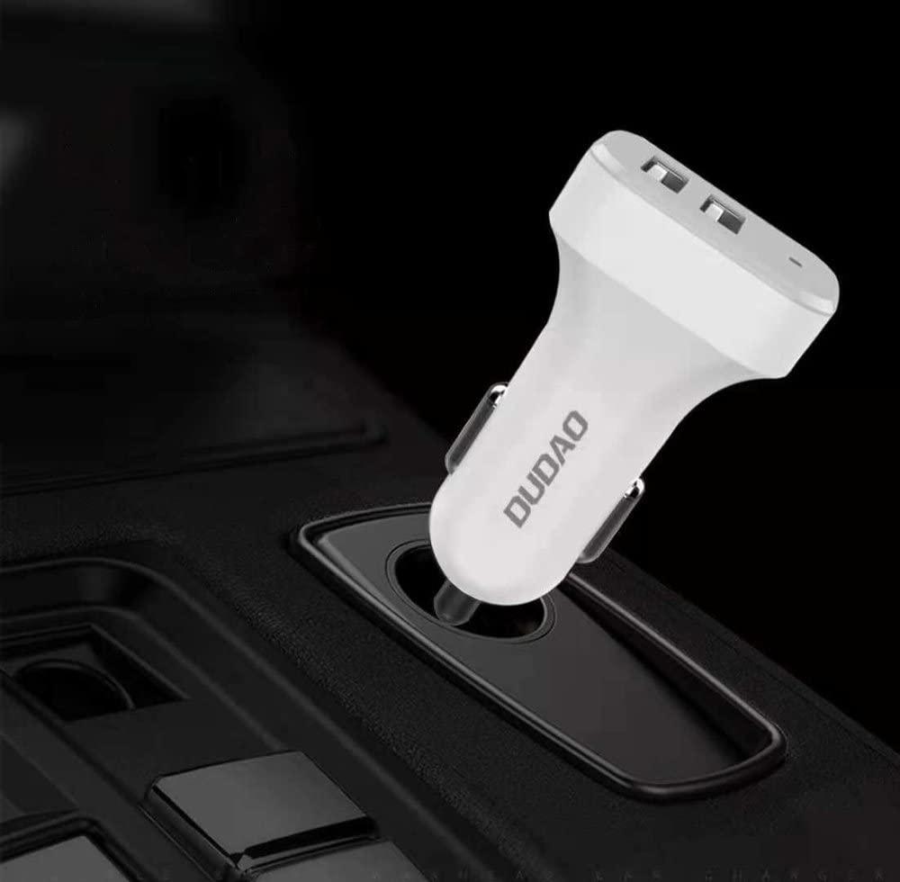 DUDAO R7 Quick Car Charger 3A Super-fast car charger with 3 in 1 stretchable coil Cable 1.2m DUAL USB Port Qualcomm 3.0 Car Charger Adapter, Compatible with iPhone14/13/12pro/Galaxy/S22, Oppo, vivo, one+, Pixel, Mi all devices (White)