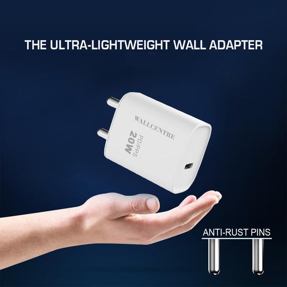 WALLCENTRE 20W Fast Charger Adapter | PD/QC Compatible with Android & iOS Devices | Type-C PD Power Adapter | Lightweight & Portable Design | Fast Charging Type-C Charger | White