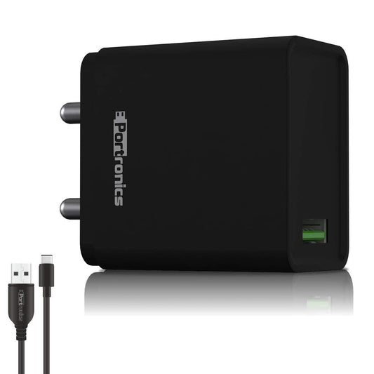 Portronics Adapto One,18W 3A Mach USB Charging Adaptor,Comes with 1M Type-C Cable Single Port Wall Charger for Iphone11/Xs/Xs Max/Xr/X/8/7/6/Plus,Ipad Pro/Air2/Mini3/Mini 4,Samsung S4/S5&More,Black