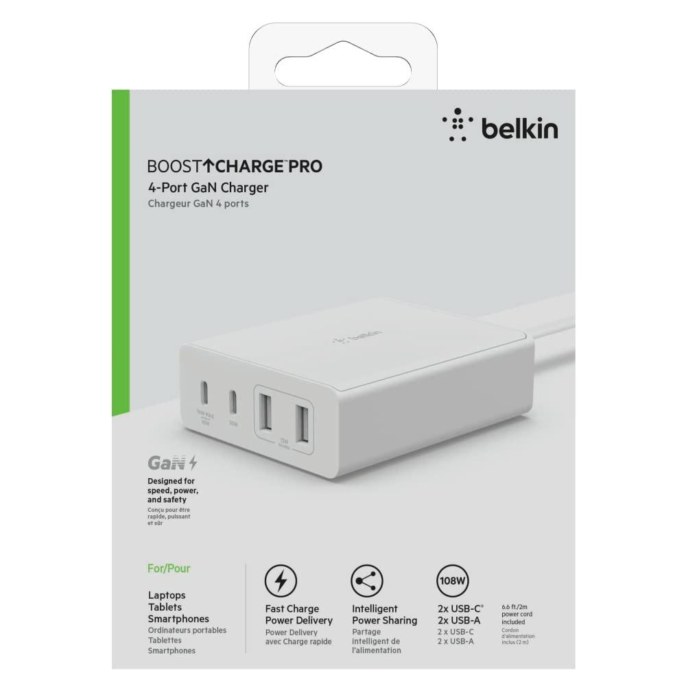 Belkin 108W GaN 4 Port (2 USB-A and 2 USB-C PD 3.0) Fast Charger with PPS Technology, Compact Size, for MacBook, iPad, iPhone and Other USB C Supported laptops & Devices - White