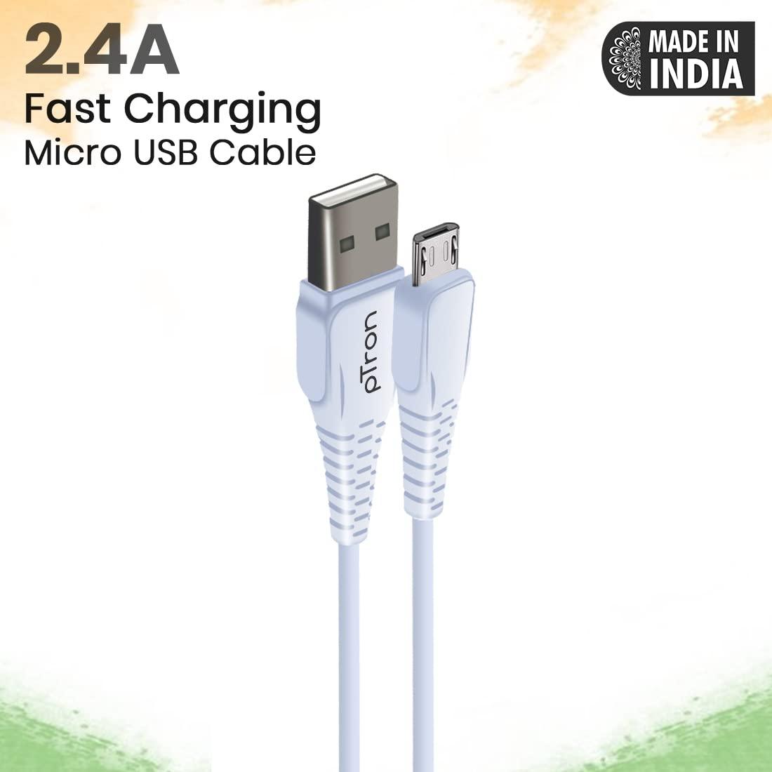 pTron USB-A to Micro USB 2.4A Fast Charging Cable compatible with Android Phones/Tablets, 480mbps Data Transfer Speed, Made in India, Solero M241 Tangle-free USB Cable (Round, 1M, White)