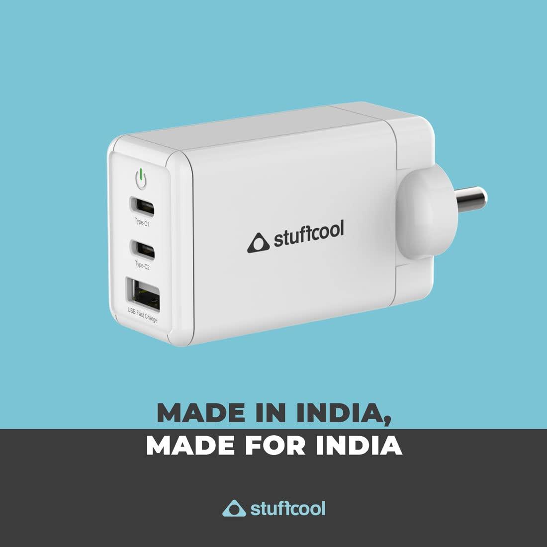 Stuffcool Nova 65W GaN Charger Made in India 3 Ports Supports Samsung PPS Super Fast Charging 2.0, Compatible with macbooks laptops iPhones iPads, samsungs, Pixels