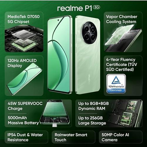 realme P1 5G (Peacock Green, 8GB RAM, 256GB Storage) | Up to 6GB + 6GB Dynamic RAM | Dimensity 7050 5G Chipset | AMOLED Display | 7-layer VC Cooling System | 50MP Color AI Camera |45W SUPERVOOC Charge - Triveni World