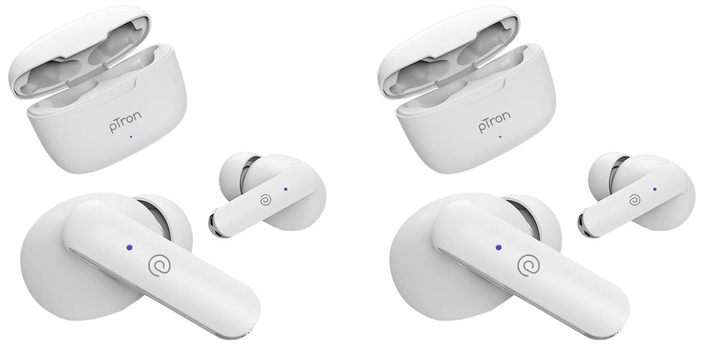 pTron Bassbuds Duo in Ear Earbuds with 32Hrs Total Playtime, Bluetooth 5.1 Wireless Headphones, Stereo Audio, Touch Control TWS, with Mic, Type-C Fast Charging, IPX4 & Voice Assistance (White) - Triveni World