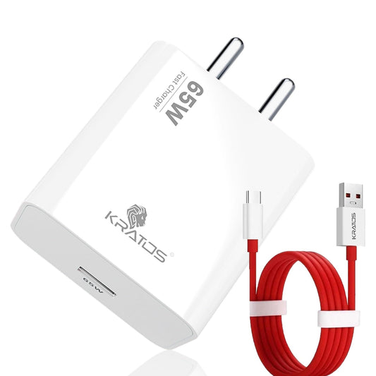 Kratos Power Max 65W Fast Charger & USB A to Type C Cable Combo,Supports Warp, SuperVOOC, Dash, Fast & Super Fast Charging, Charger Adapter Designed for Oneplus & Other Type C Smartphones