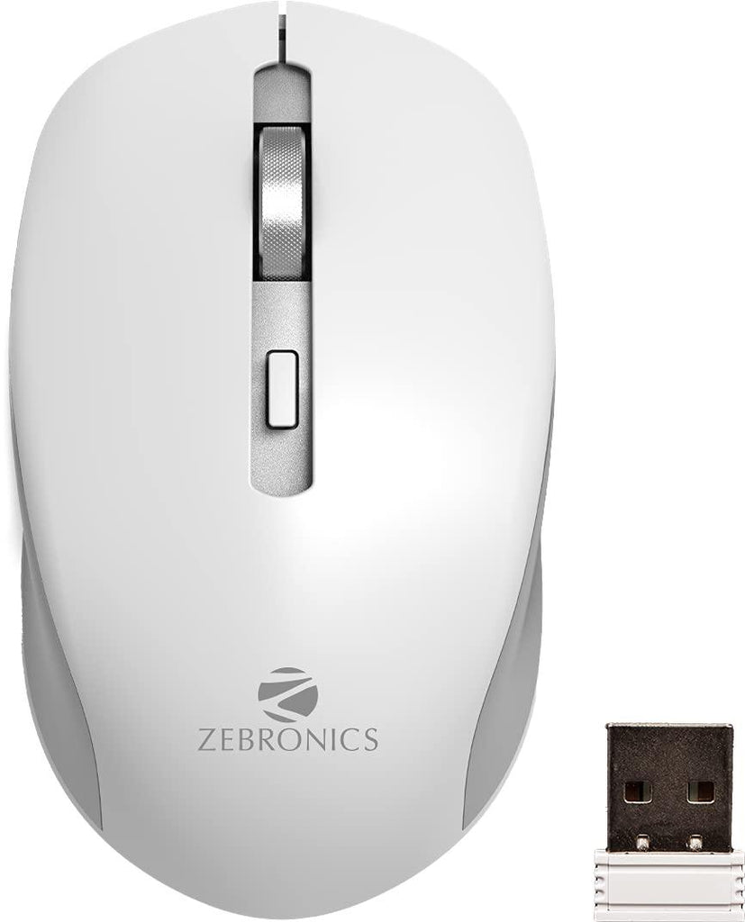 ZEBRONICS ZEB-JAGUAR Wireless Mouse, 2.4GHz with USB Nano Receiver, High Precision Optical Tracking, 4 Buttons, Plug & Play, Ambidextrous, for PC/Mac/Laptop (White+Grey)