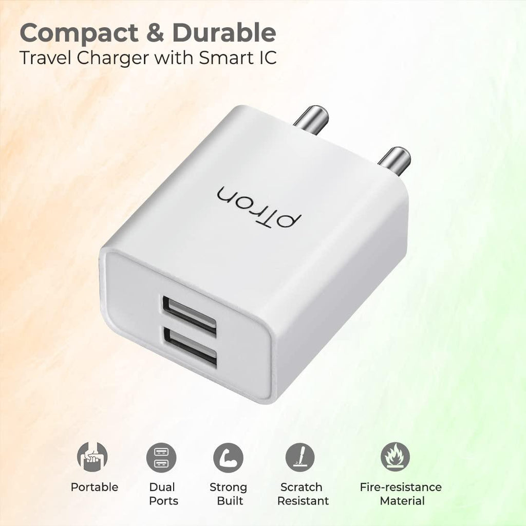 pTron Volta Dual Port 12W Smart USB Charger Adapter, Multi-Layer Protection, Made in India, BIS Certified, Fast Charging Power Adaptor without Cable for All iOS & Android Devices (White)