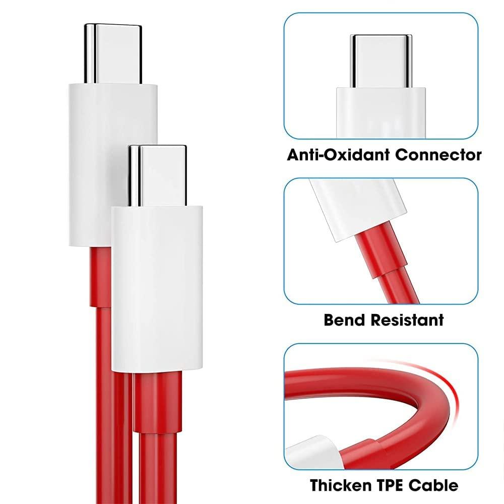 Sounce 65W Oneplus Dash Warp Charge Cable, 6.5A Type-C To Usb C Pd Data Sync Fast Charging Cable Compatible With One Plus 8T/ 9/ 9R/ 9 Pro/ 9Rt/ 10R/ Nord & For All Type C Device Red, 1 Meter