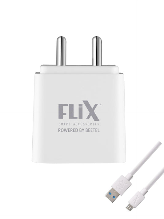 Flix (Beetel) Rise 2.4 12W Dual USB Made in India, Bis Certified, Fast Charging Power Adaptor Smart Charger with 1 Meter Cable Micro USB Cable for Cellular Phones (White, Xwc-63D)