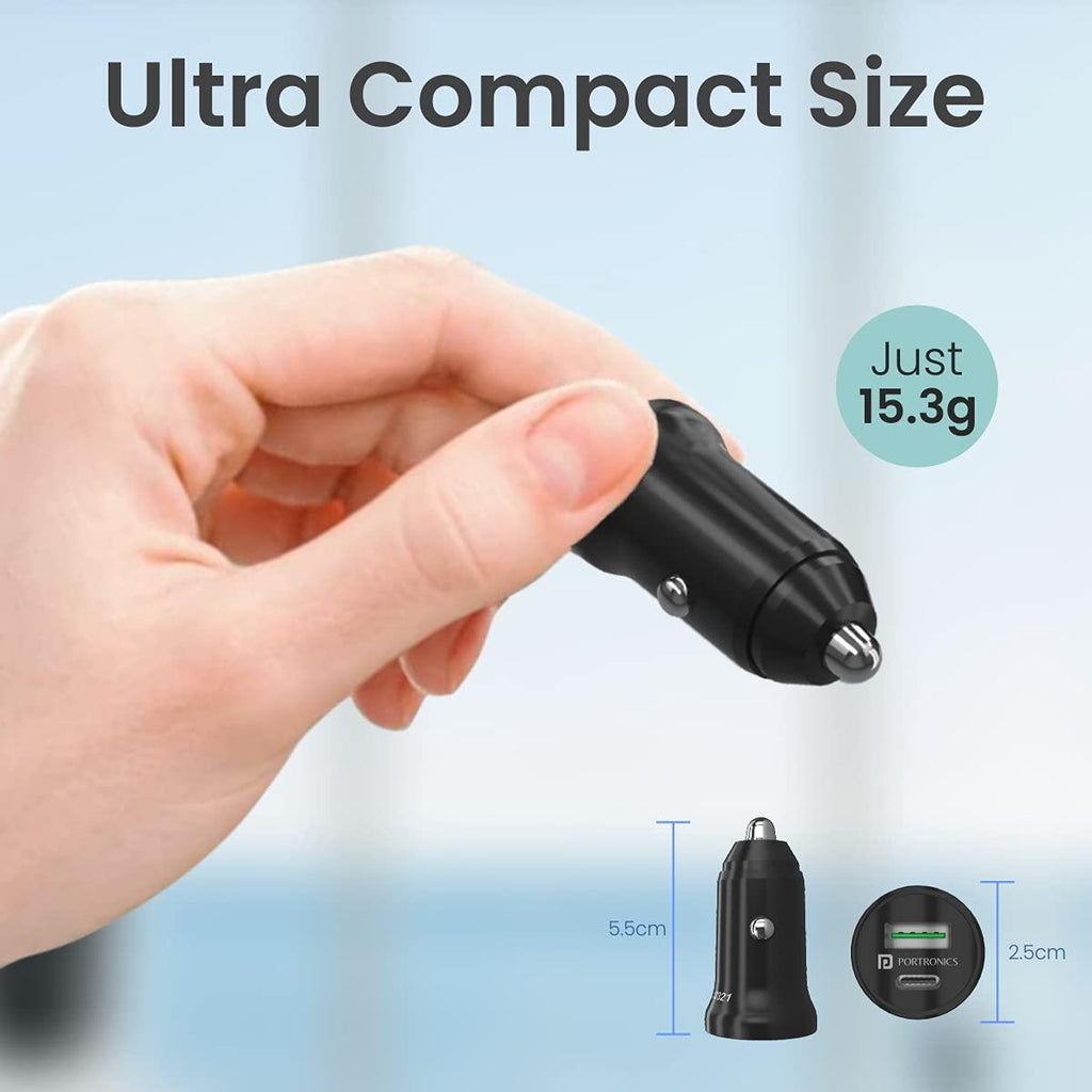 Portronics Car Power Mini Car Charger with Dual Output, Fast Charging (Type C PD 18W + Mach USB-A) Compatible with All Smartphones(Black)