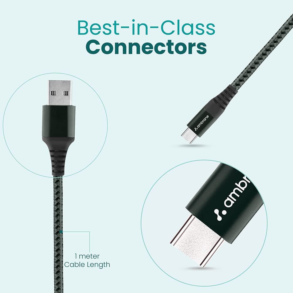 Ambrane Unbreakable 3A Fast Charging 1.5m Braided Type C Cable for Smartphones, Tablets, Laptops & other Type C devices, 480Mbps Data Sync, Quick Charge 3.0 (RCT15A, Green)