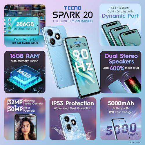 TECNO Spark 20 | Magic Skin Blue, (16GB*+256GB)| 32MP Selfie + 50MP Main Camera| 90Hz Dot-in Display with Dynamic Port & Dual Speakers with DTS| 5000mAh Battery |18W Type-C| Helio G85 Processor - Triveni World