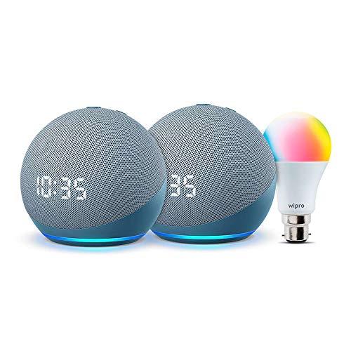 Amazon Echo Dot (4th Gen, Blue) with clock gift twin pack with Wipro 9W smart color bulb