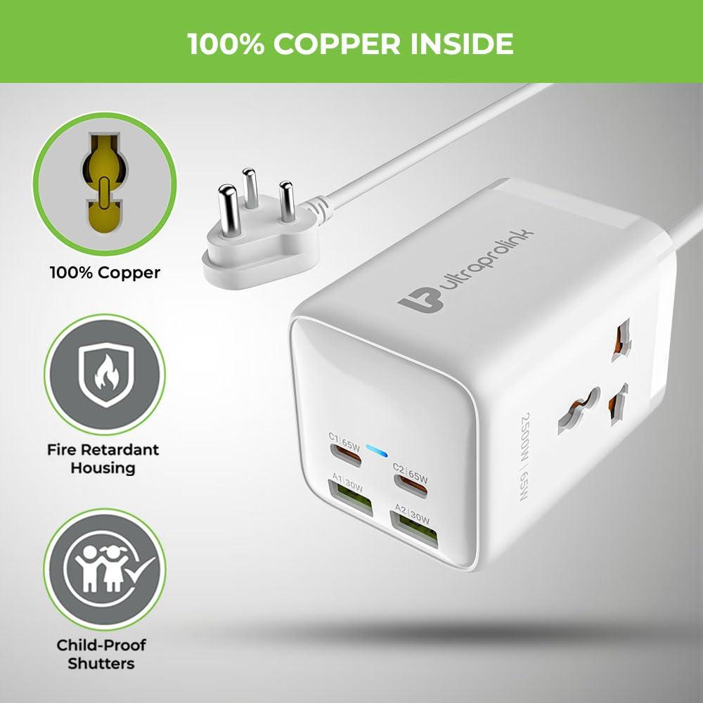 UltraProlink 65W PD GaN Fast Charger Extension Board | 2 Universal Sockets 2500W plus 2 USB-C Ports and 2 USB-A Ports QC3.0 | Surge Protector | Power Qube 65 | 2m/6.5ft Heavy Duty Cable |White|UM1165U