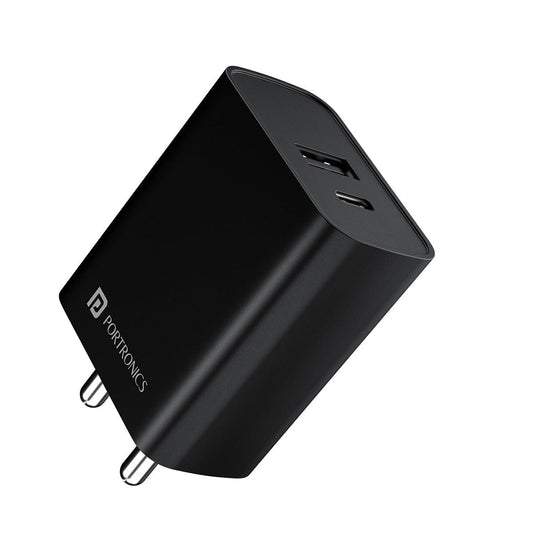 Portronics Adapto 70 33W Fast Charger Adapter with Dual Output (USB + Type C) Supports PPS Charging Via Type C Port, 27W Dash, Warp 27W, Dart, Super Dart 27W(Black)