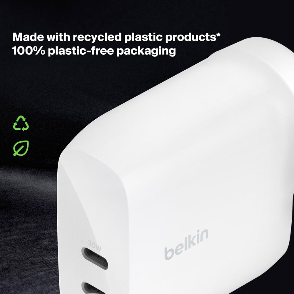 Belkin 60W (30w + 30W) Dual USB-C PPS Fast Charging Wall Charger/Adapter with 4-Port (2 USB-C & 2 USB-A) 2 Meter Power Extender for iPhone 15, 14, 13, 12, iPad & Other USB-C suported Devices - White