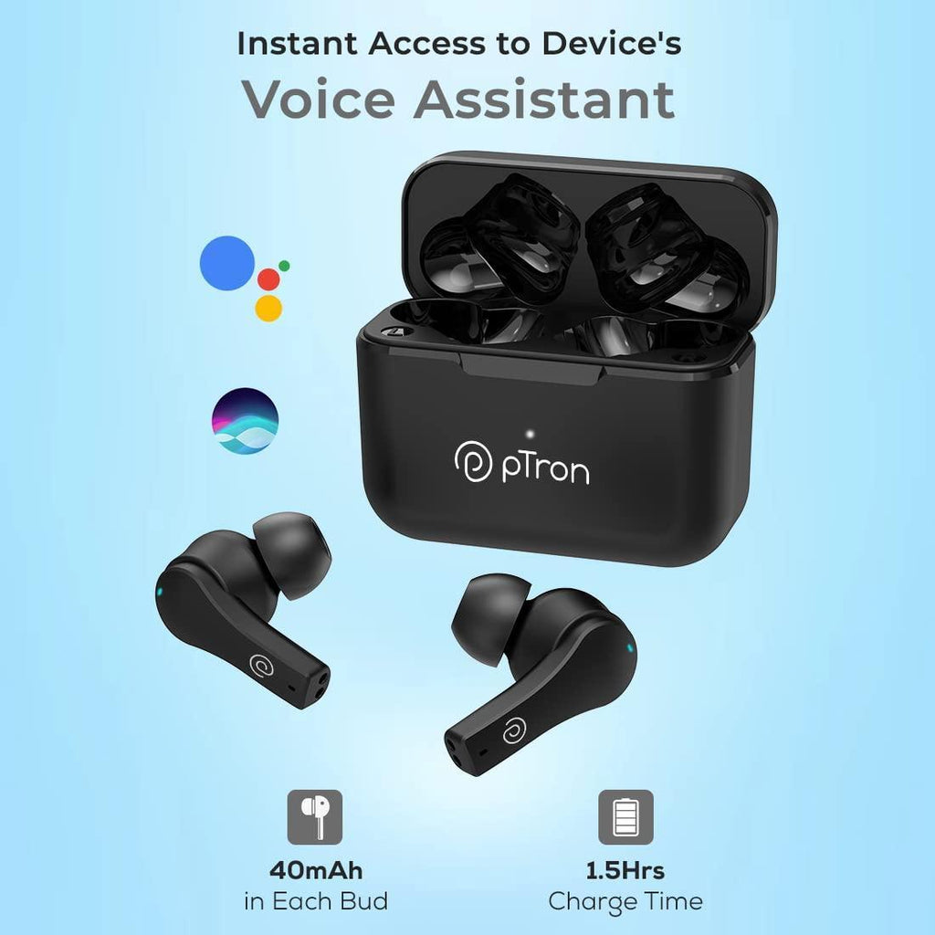 pTron Bassbuds Tango In-Ear TWS Earbuds, TruTalk AI-ENC Calls, Movie Mode, 40Hrs Playtime, Bluetooth 5.1 Headphone with HD Mics, Touch Control, IPX4 Water-Resistant & Type-C Fast Charging (Black Matt) - Triveni World