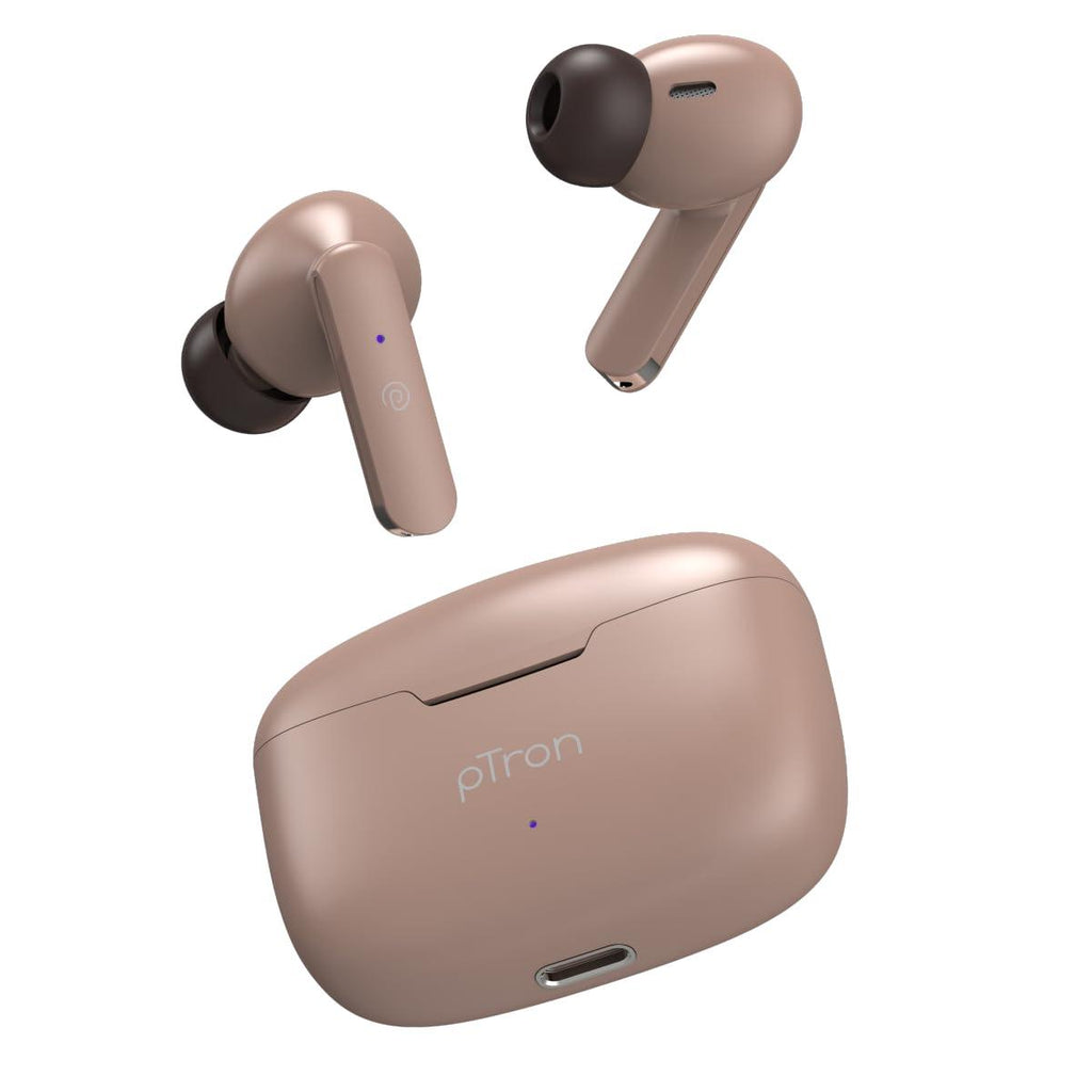 pTron Bassbuds Duo In-Ear Wireless Earbuds, Immersive Sound, 32H Playtime, Clear Calls TWS Earbuds, Bluetooth V5.1 Headphone, Type-C Fast Charging, Voice Assistant & IPX4 Water Resistant (Light Brown)