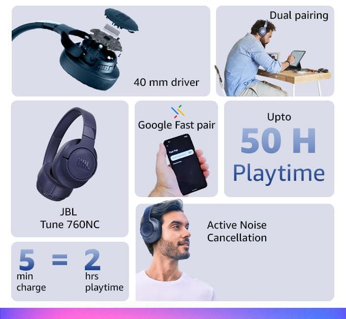 JBL Tune 760NC, Wireless Over Ear Active Noise Cancellation Headphones with Mic, Upto 50 Hours Playtime, Multi-Device Connectivity, Pure Bass, AUX & Voice Assistant Support for Mobile Phones (Blue) - Triveni World