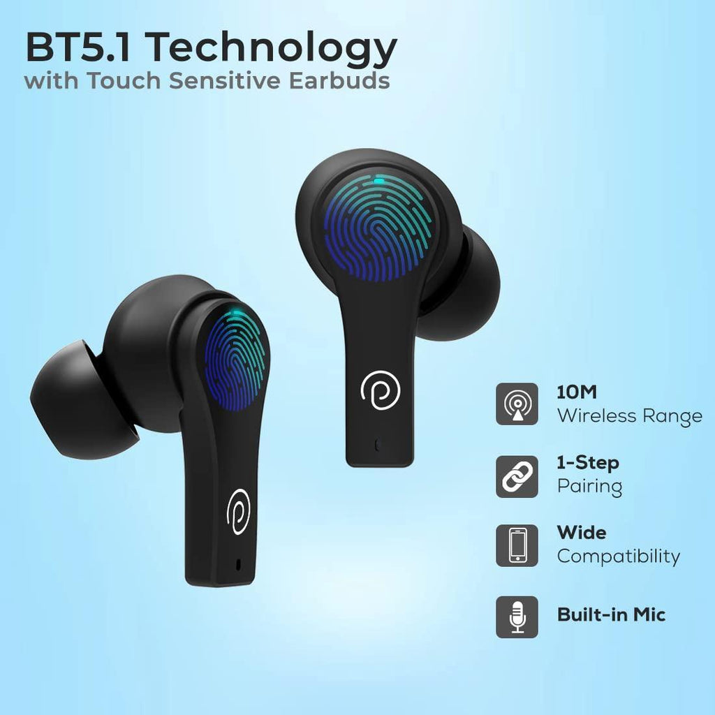 pTron Bassbuds Tango In-Ear TWS Earbuds, TruTalk AI-ENC Calls, Movie Mode, 40Hrs Playtime, Bluetooth 5.1 Headphone with HD Mics, Touch Control, IPX4 Water-Resistant & Type-C Fast Charging (Black Matt) - Triveni World