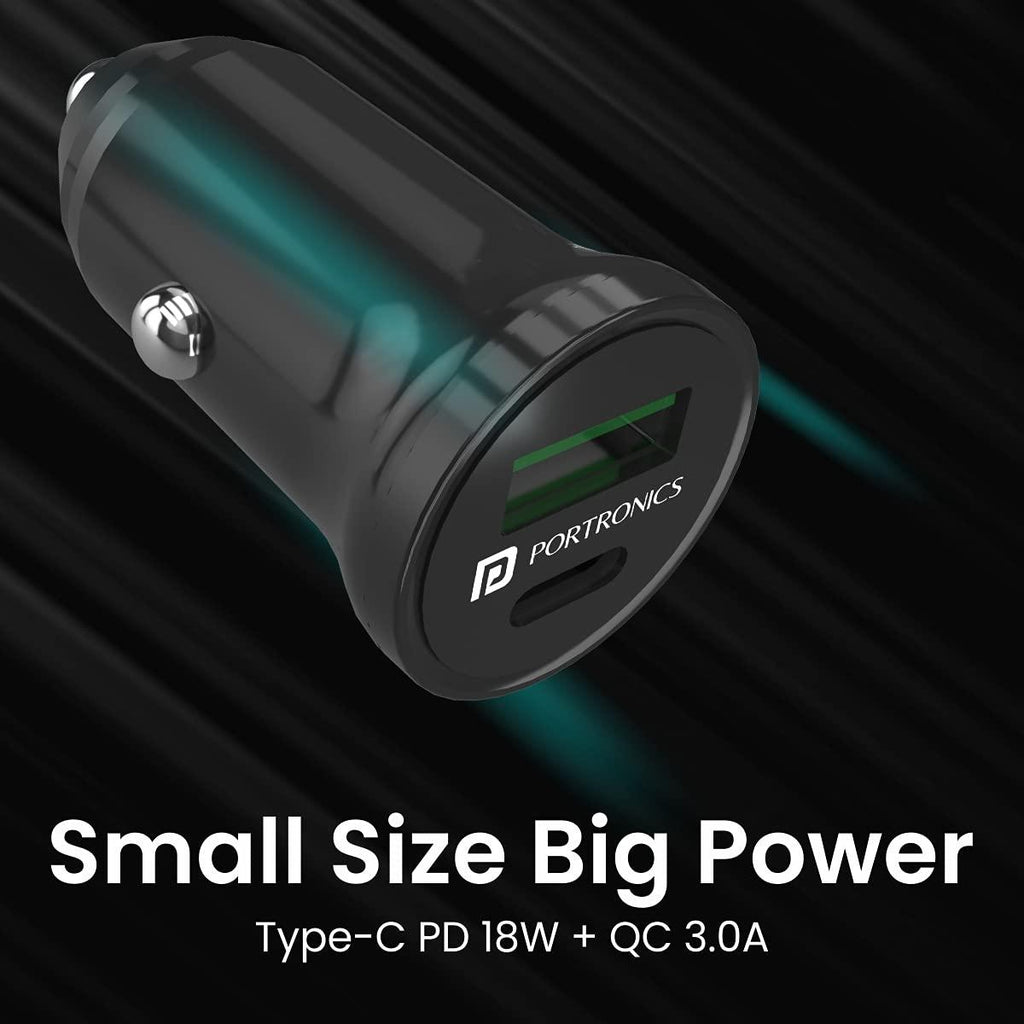 Portronics Car Power Mini Car Charger with Dual Output, Fast Charging (Type C PD 18W + Mach USB-A) Compatible with All Smartphones(Black)