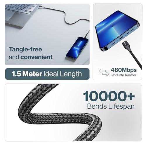 Ambrane Unbreakable 60W Fast Charging 1.5M Braided Type C to Type C Cable for Smartphones, Tablets, Laptops & other Type C devices, PD Technology, 480Mbps Data Sync (RCTT15, Black)