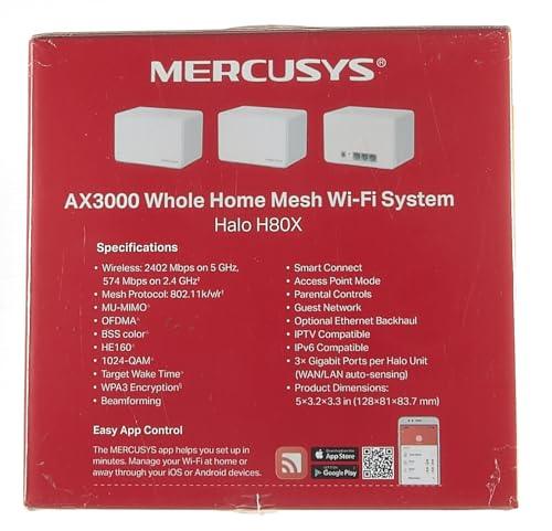 MERCUSYS Halo H80X Ax3000 Whole Home Mesh Wi-Fi 6 System|3000 Mbps Dual Band Wireless Gigabit Router|Seamless Roaming|Coverage Upto 7,000 Ft² (650 M²)|Pack of 3,White