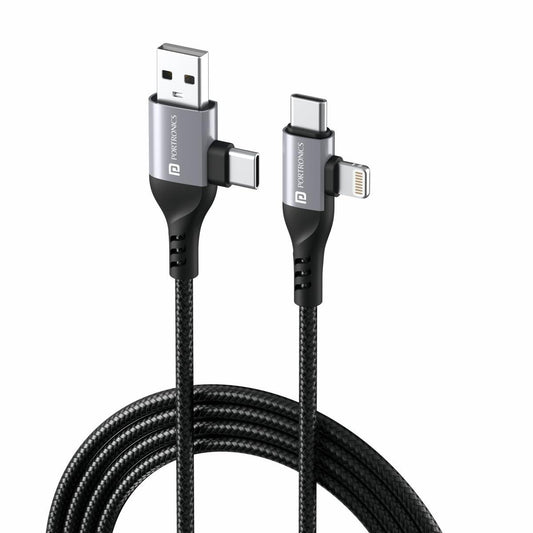 Portronics Konnect 4 IN 1 Unbreakable Nylon Braided Multi Functional Fast Charging Cable with Fast Data Transfer,Compatible with All Type C Android Smartphone & Lighting Device etc.(Black)