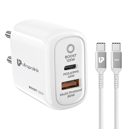 UltraProlink 125W USB C and USB-A PD- PPS Fast Charger | Type C Adapter | 80W USB-A and 45W USB-C Port | Compatible for Samsung, iPhone 15/16, Nothing, Motorola |1m USB C-C Cable|UM1134C |Boost 125