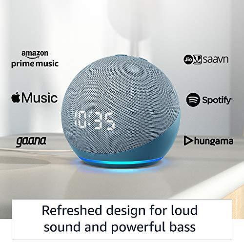 Amazon Echo Dot (4th Gen, Blue) with clock gift twin pack with Wipro 9W smart color bulb