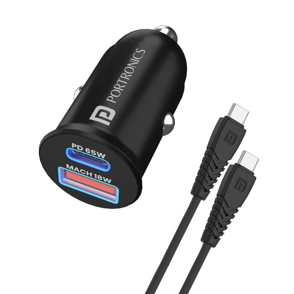 Portronics 65 Watts Car Power 65 Dual Output Fast Car Charger with 100W Type-C Cable (2m), 65W Type-C PD & 18W USB, Charging Adapter Compatible with Cars for iPhone & Android Smartphone, Laptop(Black)