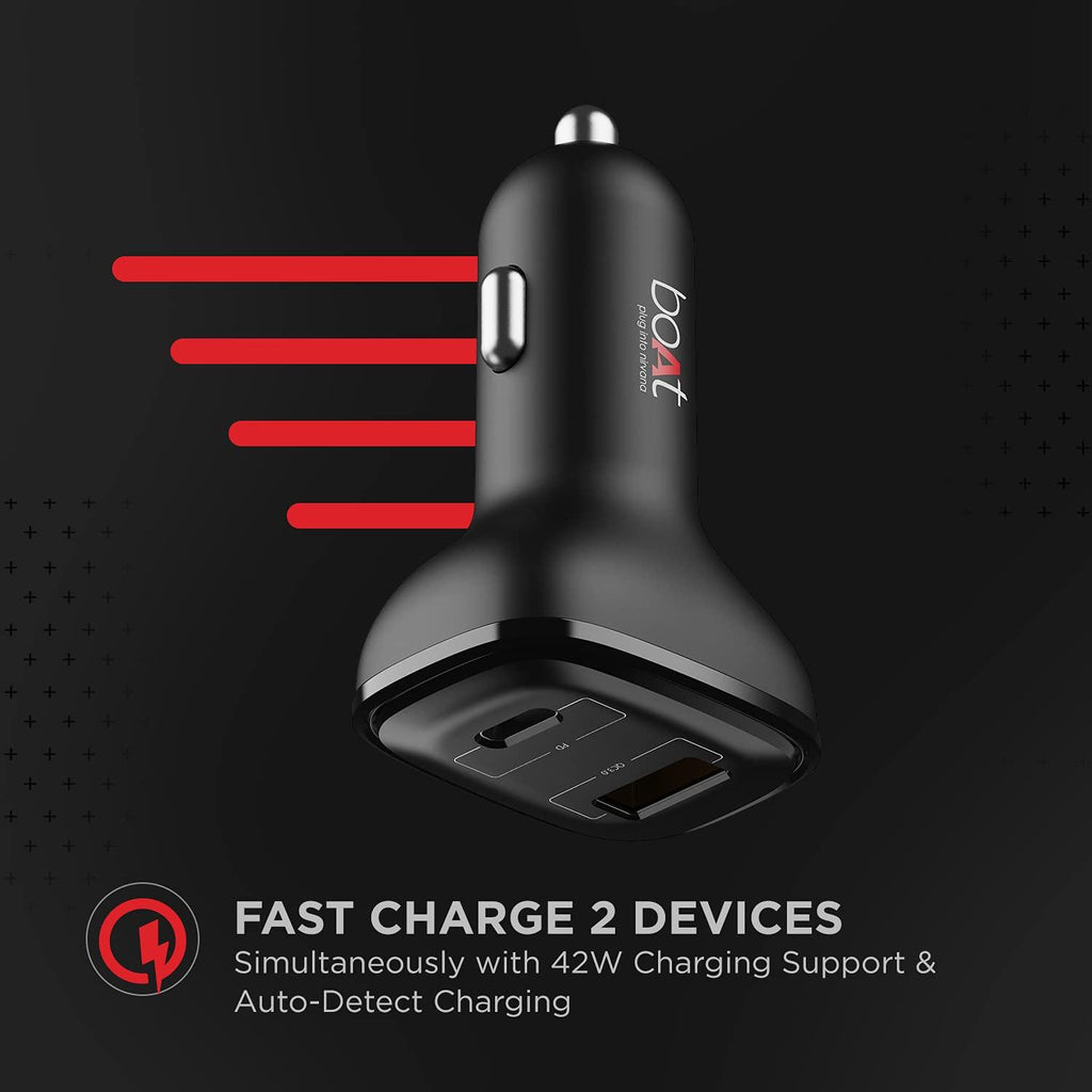 boAt Dual Port Qc-Pd 24W Fast Car Charger with 24W Fast Pd Charging & 18W Qc Charging Compatible with All Smartphones, Tablets & Laptops (Free Type C to Type C Cable), Black